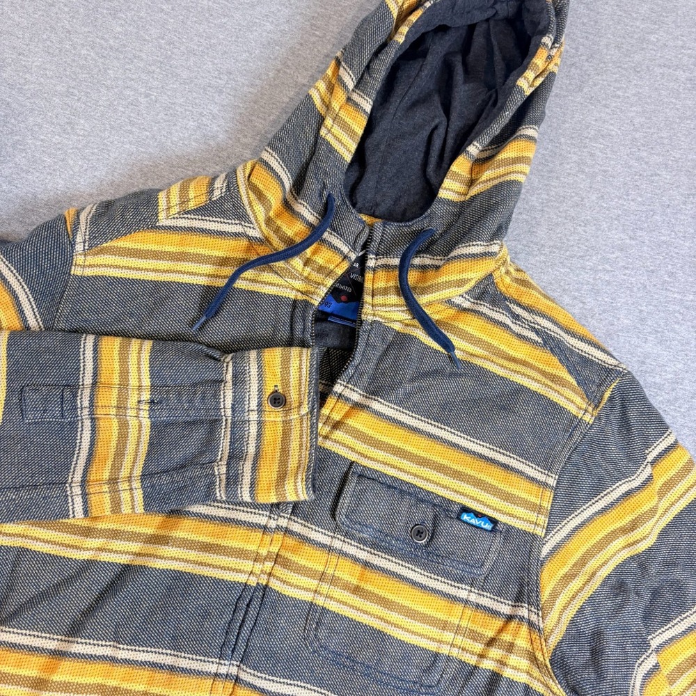 KAVU Seaboard Hoodie Shirt Mens Medium Yellow Gray Striped Full Zip Jacket